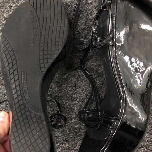 Stuart Weitzman Patent Leather Strappy Wedge Platform Sandals Black 7.5 - Picture 6 of 13